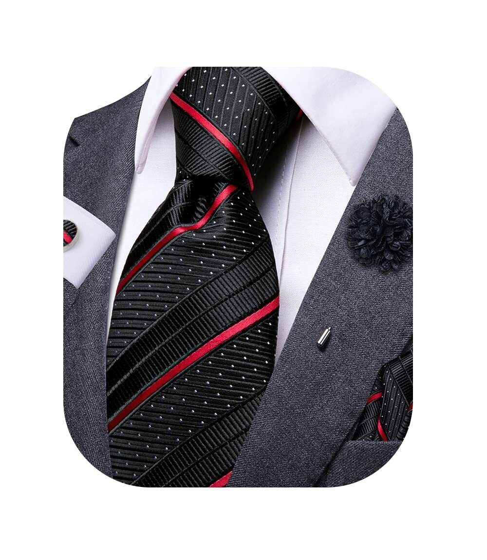 2252 Tie and Lapel Pin Paisley Black Red Striped Floral Necktie Pocket